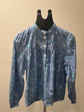 J.Crew Fresco Top Blue Floral Organic Cotton Poplin Blouse Size Small